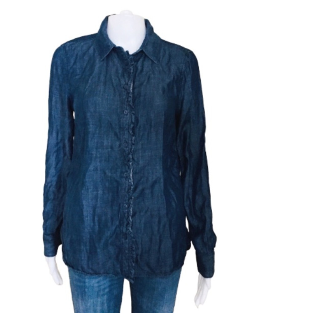 BANANA REPUBLIC Ruffle Front Denim Button Down Shirt Blue Small